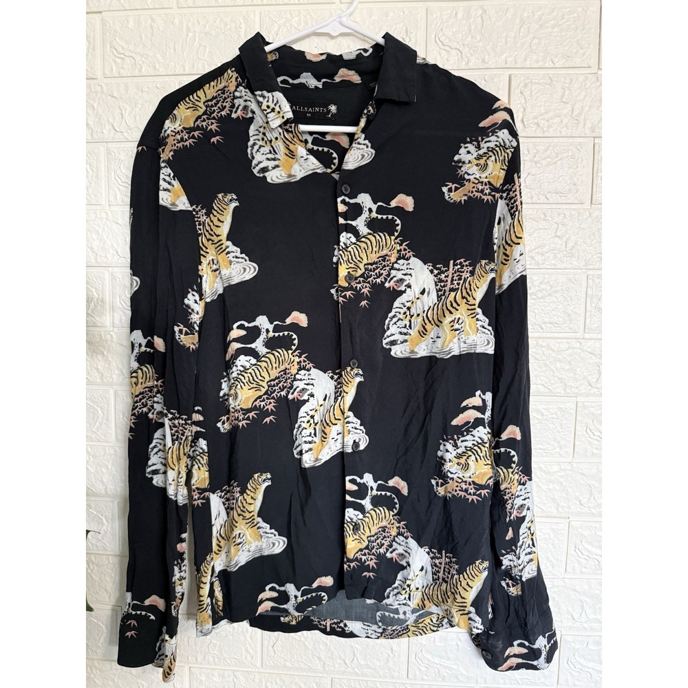 AllSaints Tiger Print Button Up Shirt Black Graphic Streetwear Mens XS